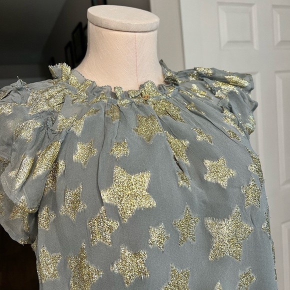 LOFT blue gray chiffon short sleeve blouse with gold stars - Picture 14 of 14